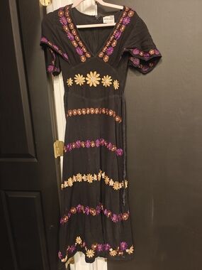 Antik Batik Black Midi Dress with Purple and Yellow Floral Embroidery